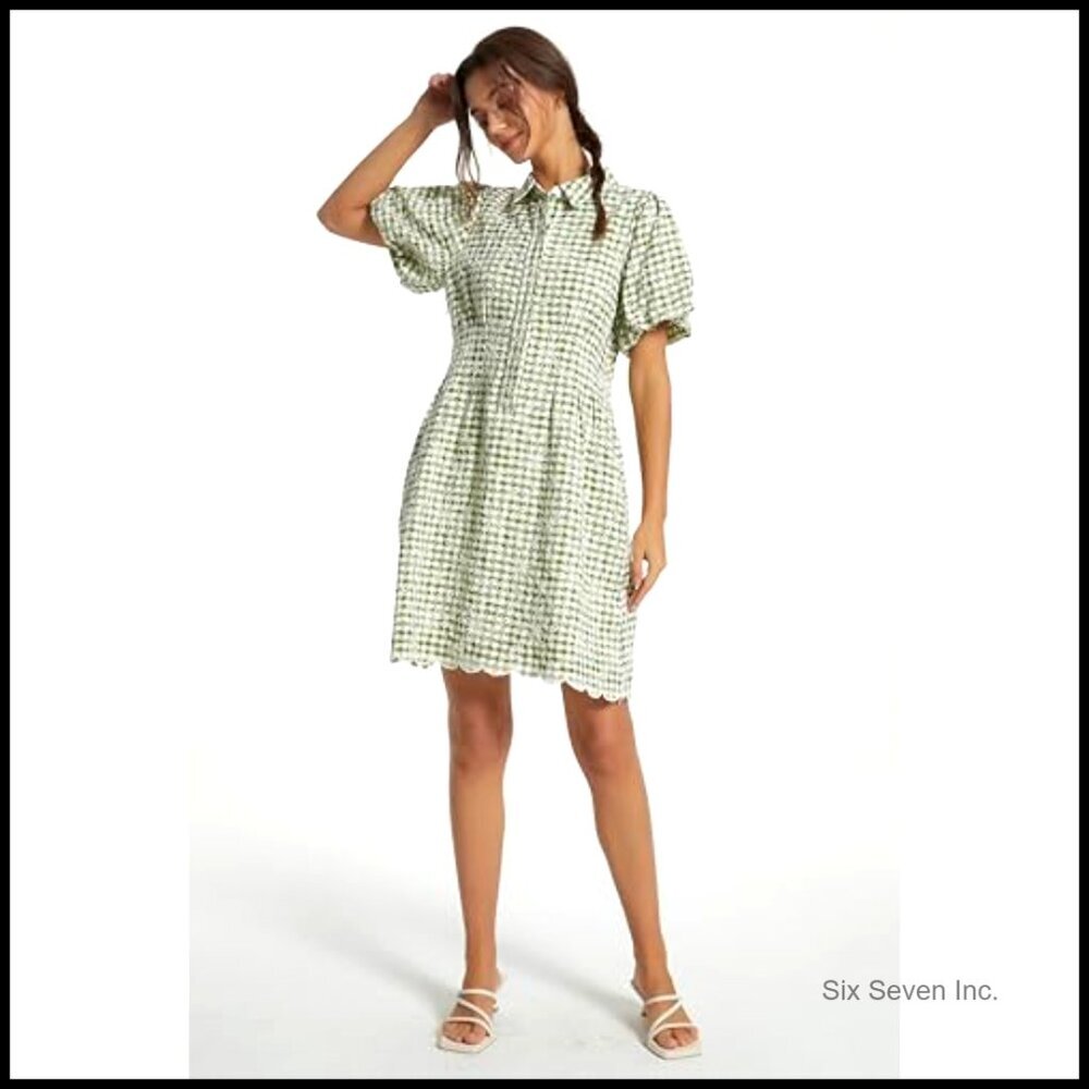 Short Sleeve Pleated Mini Shirt Dress with Embroidered Gingham Fabric - Picture 5 of 7